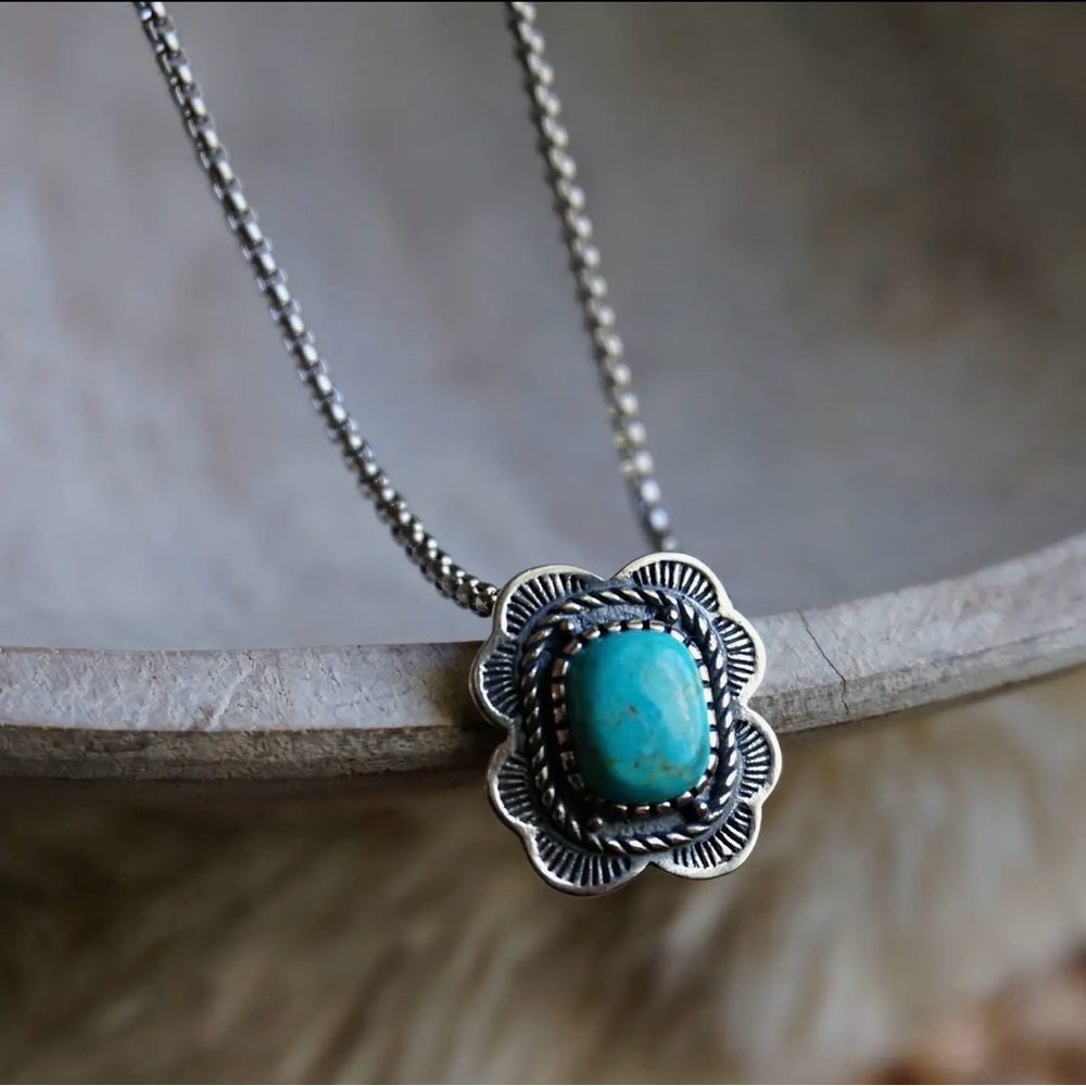 Sterling Silver Turquoise Floral Necklace - Blue Turquoise